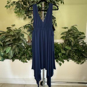 Navy V-Neckline Sleeveless Midi Dress with Irregular Hemline